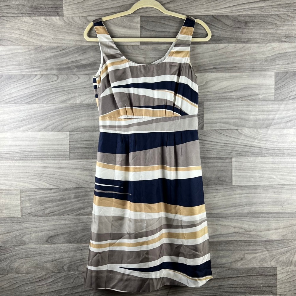 Banana Republic A-line Dress Womens Petites 2P Blue Brown Stripe Silk Sleeveless